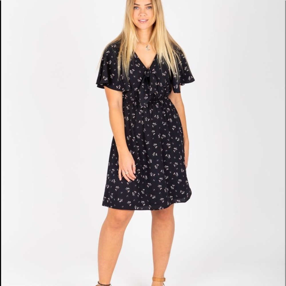 Navy floral midi dress with short sleeves, v neck